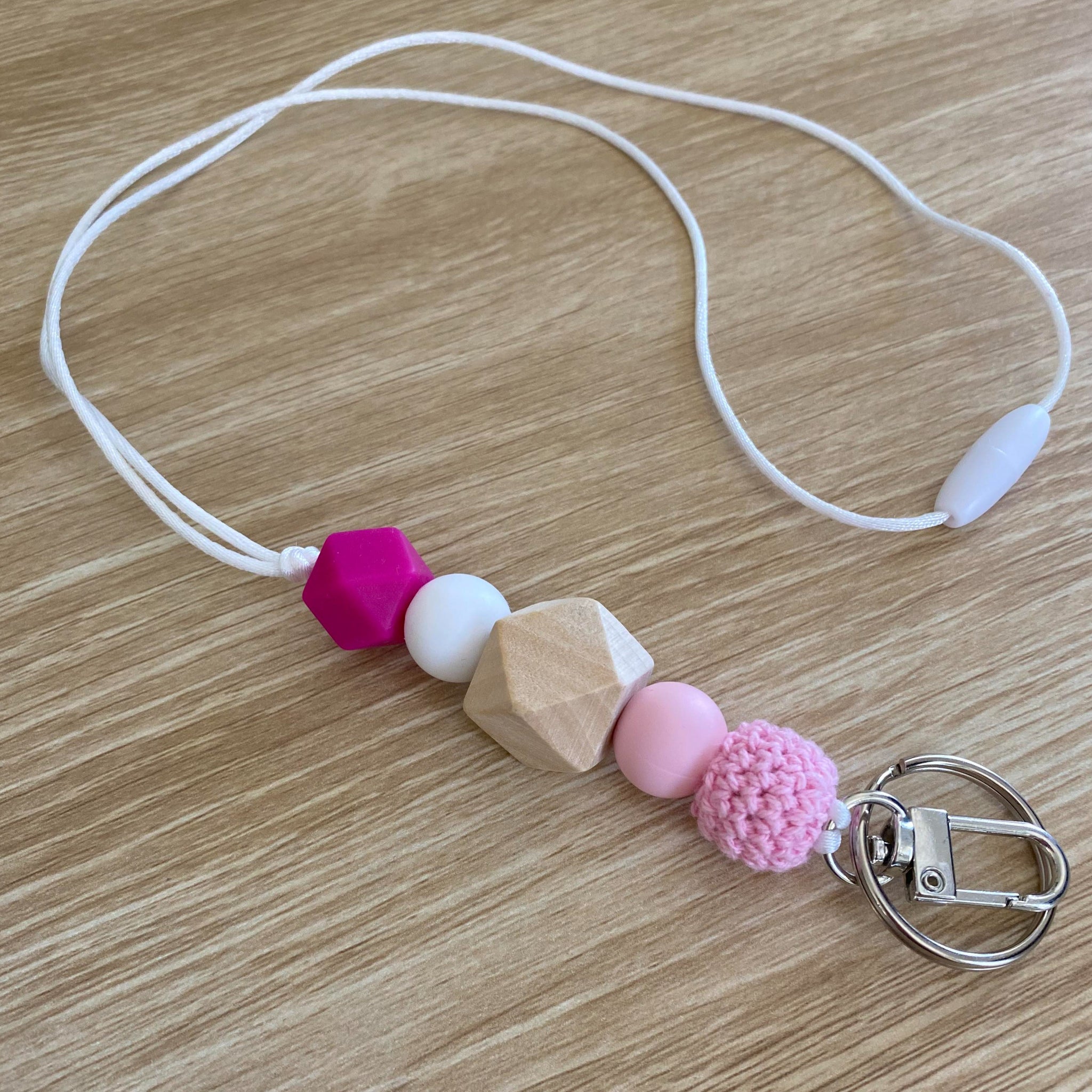Soft Pink and White Beaded Lanyard