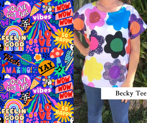 PRE-ORDER 80's Inspired- "Fun Slogans-Blue" Becky Tee (top)